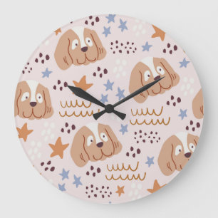 Cute dogs, stars, lines: vintage seamless large clock