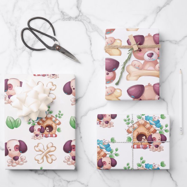 Cute Dogs With Bones Wrapping Paper Sheet (Front)