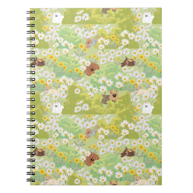 Cute Dogs With Daisy Flowers Seamless Pattern Notebook (Front)
