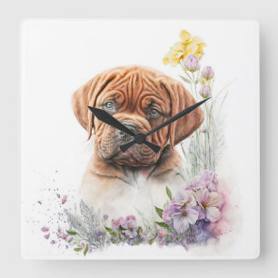 CUTE DOGUE DE BORDEAUX PUPPY DOG & FLOWERS SQUARE WALL CLOCK