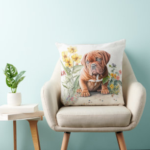CUTE DOGUE DE BORDEAUX PUPPY DOG WITH WILDFLOWERS CUSHION