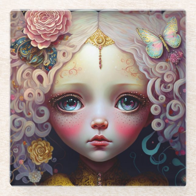 Cute Doll Girl Pink Hair Glass Coaster (Front)