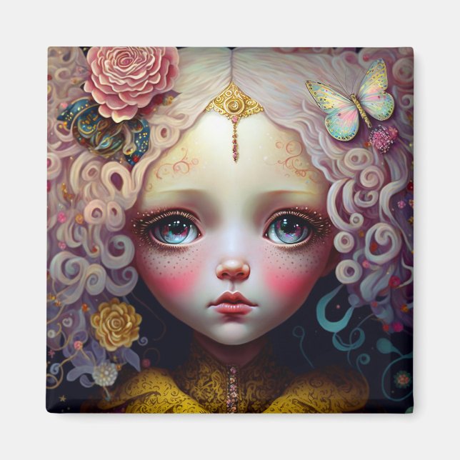 Cute Doll Girl Pink Hair Magnet (Front)