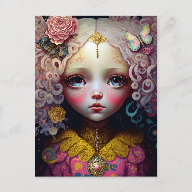 Cute Doll Girl Pink Hair Postcard (Front)