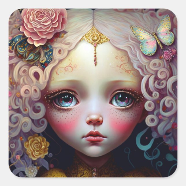 Cute Doll Girl Pink Hair Square Sticker (Front)