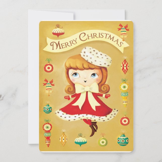Cute Doll in Red Dress Vintage Christmas Card (Front)