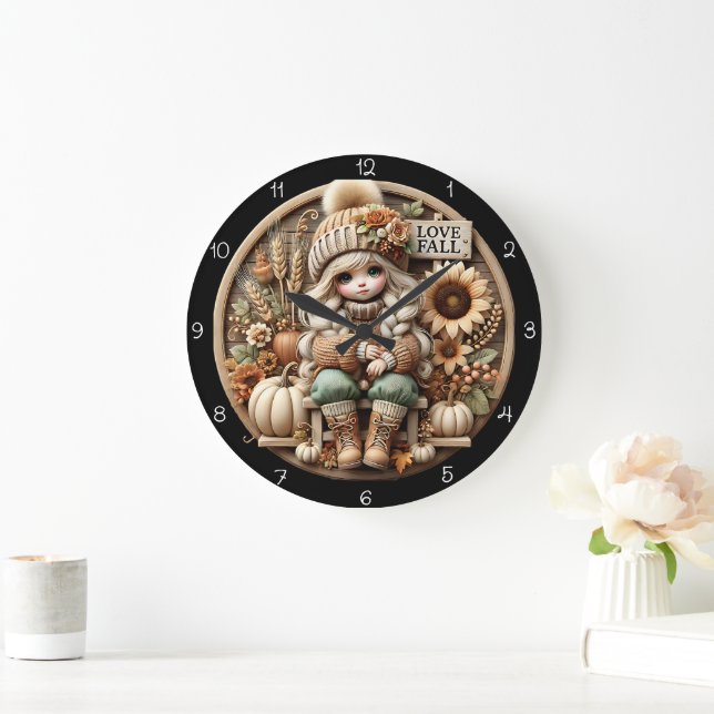 Cute Doll Love Fall Autumn Decor Large Clock (Home)