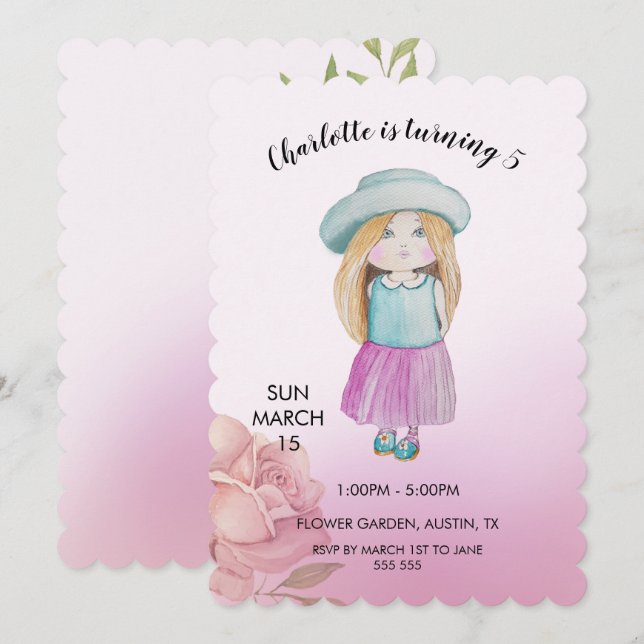 Cute Doll Watercolor Hand-painted Holiday Card (Front/Back)