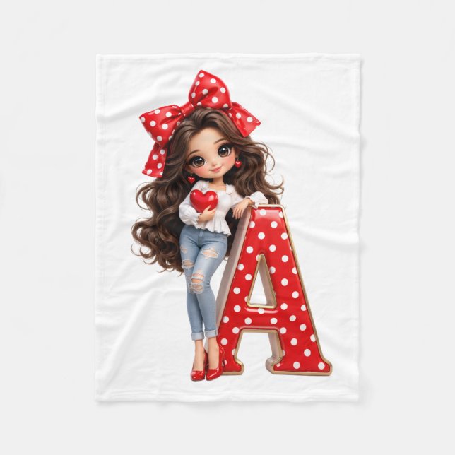 Cute Doll with Red Polka Dot Letter A Fleece Blank Blanket (Front)