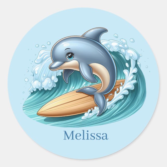 Cute dolphin add name surfing  classic round sticker (Front)