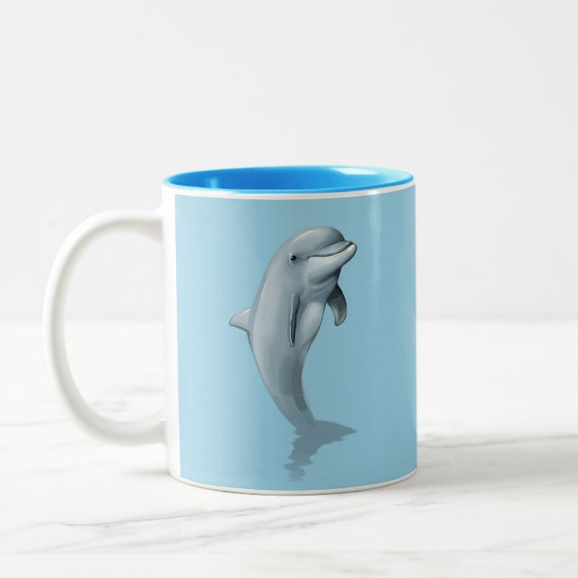 Cute Dolphin and Turquoise Background Monogrammed Two-Tone Coffee Mug (Left)