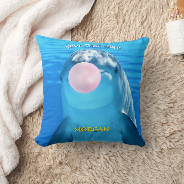 Cute Dolphin Blowing Bubble Gum, Name & Message Cushion (Blanket)