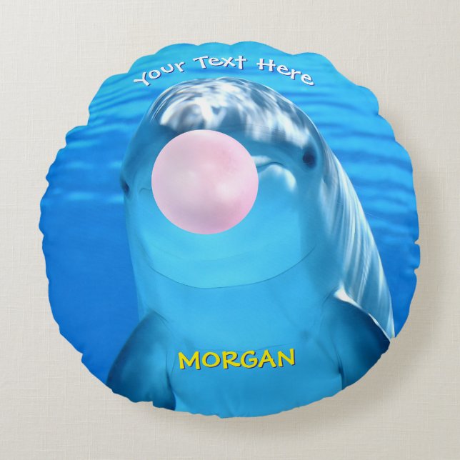 Cute Dolphin Blowing Bubble Gum, Name & Message Round Cushion (Front)