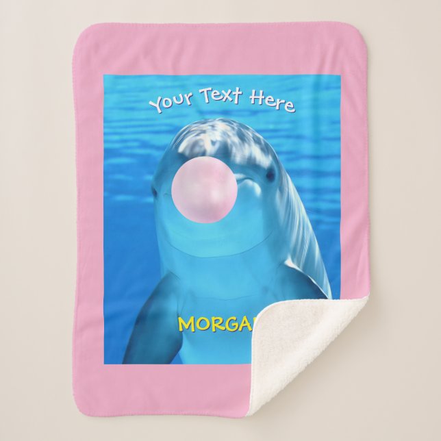 Cute Dolphin, Bubble Gum Bubble, Name & Message Sherpa Blanket (Front)