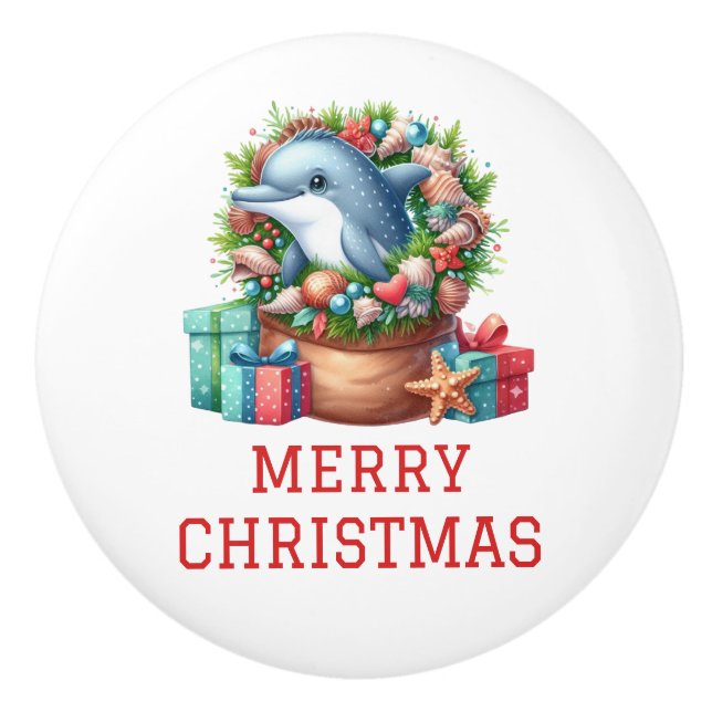 Cute Dolphin Christmas Ceramic Knob (Front)
