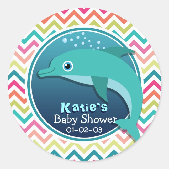 Cute Dolphin; Colourful Chevron Baby Shower Classic Round Sticker (Front)
