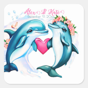 Cute Dolphin Couple   Romantic Wedding  Square Sticker