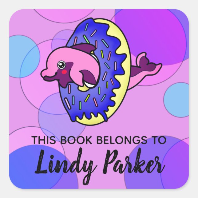 Cute Dolphin Doughnut in Pastel Colours Bookplate Square Sticker (Front)