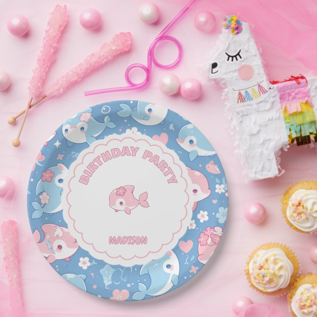 Cute Dolphin & Flowers Birthday  Paper Plate (Party)