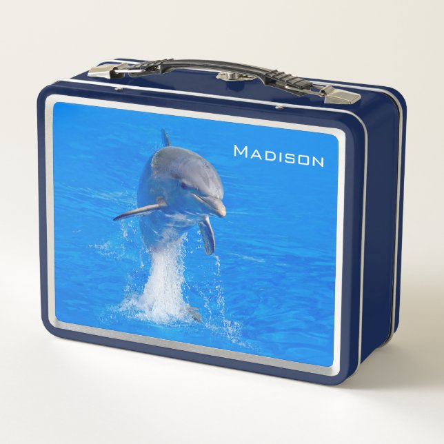Cute Dolphin Jumping Personalised Name Metal Lunch Box (Back)