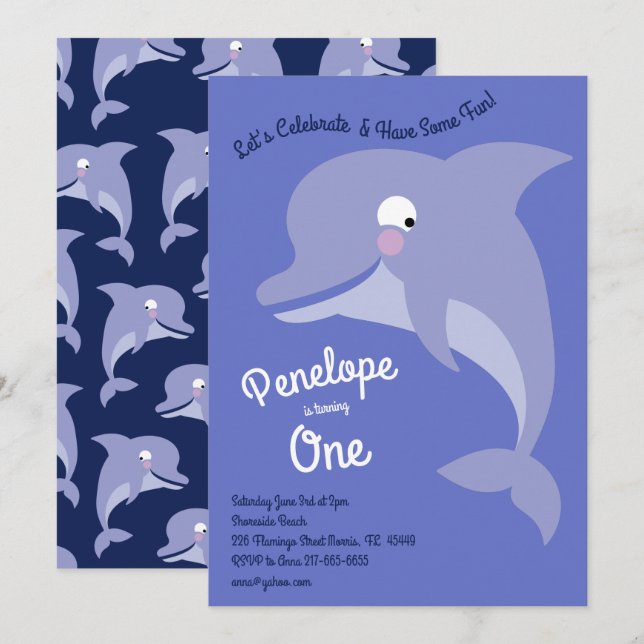 Cute Dolphin Kids 1st Birthday Party Invitation (Front/Back)