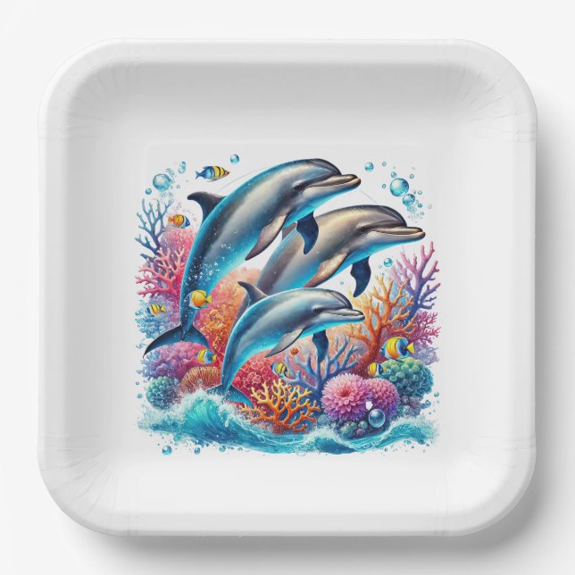 Cute dolphin lovers party paper plate (Front)