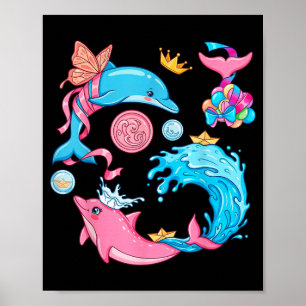 Cute Dolphin Mermaid Kawaii Ocean Sea Animals Poster