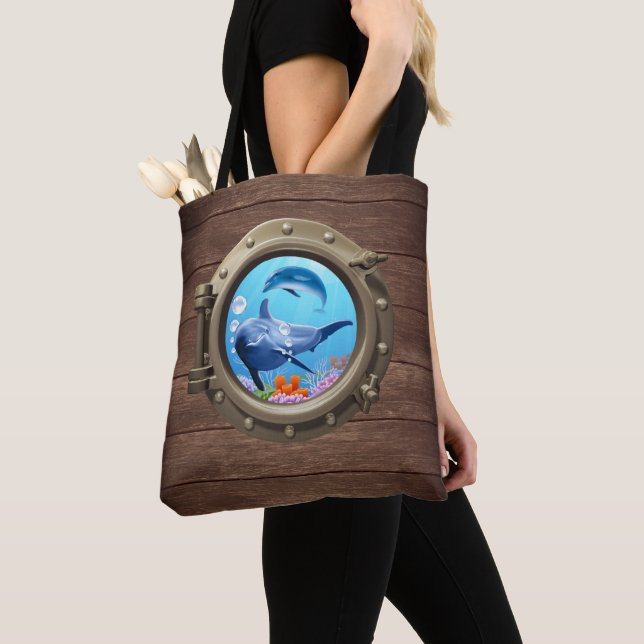 Cute Dolphin Ocean Nautical Wood Ship Porthole Tote Bag (Close Up)