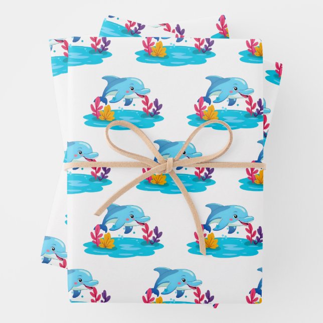 Cute Dolphin Sea Animals Kids Birthday Party Wrapping Paper Sheet (In situ)