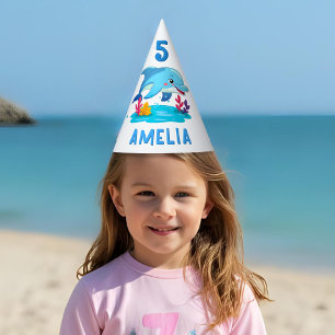 Cute Dolphin Sea Animals Name Birthday Party Hat