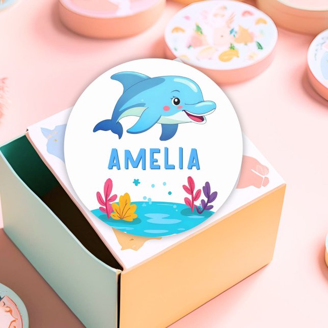 Cute Dolphin Sea Animals Name Classic Round Sticker (Creator Uploaded)