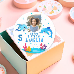 Cute Dolphin Sea Animals Photo Birthday  Classic Round Sticker