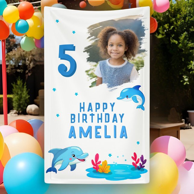 Cute Dolphin Sea Animals Photo Birthday Party Banner (Creator Uploaded)
