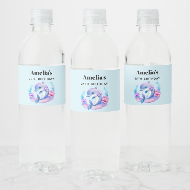 Cute Dolphin Sea Creature Birthday Event Water Bottle Label (Bottles)