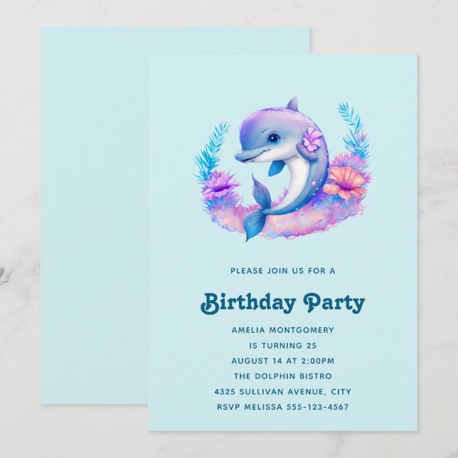 Cute Dolphin Sea Creature Birthday Invitation (Front/Back)