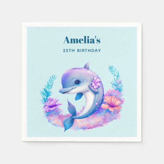 Cute Dolphin Sea Creature Birthday Napkin (Front)