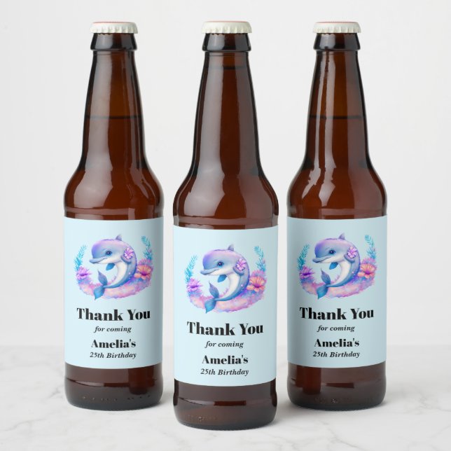 Cute Dolphin Sea Creature Birthday Thank You Beer Bottle Label (Bottles)