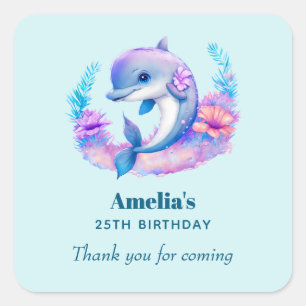 Cute Dolphin Sea Creature Birthday Thank You Square Sticker