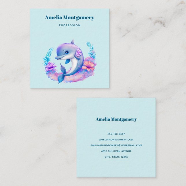 Cute Dolphin Sea Creature Square Business Card (Front/Back)