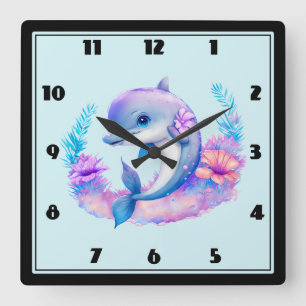 Cute Dolphin Sea Creature Square Wall Clock