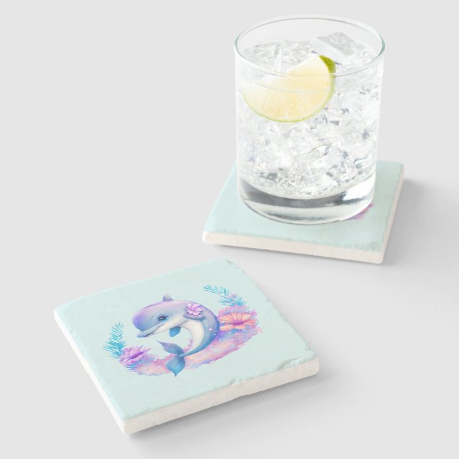 Cute Dolphin Sea Creature Stone Coaster (Side)