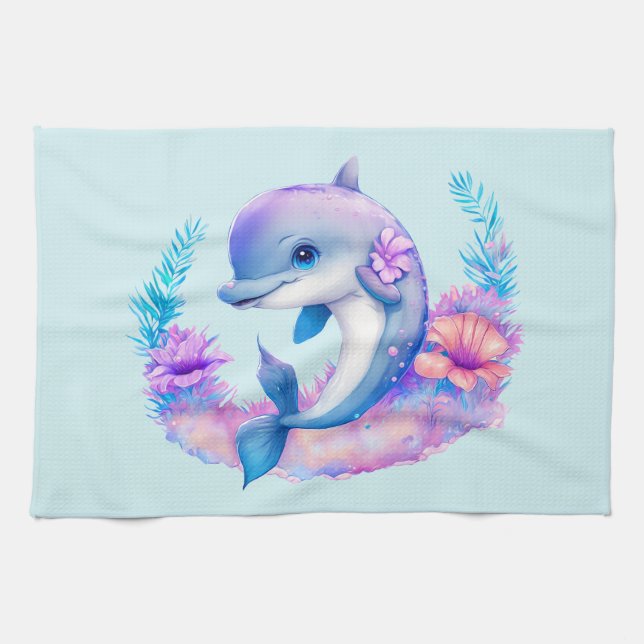 Cute Dolphin Sea Creature Tea Towel (Horizontal)