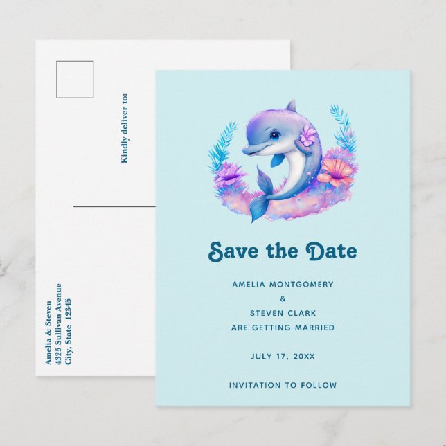 Cute Dolphin Sea Creature Wedding Announcement Postcard (Front/Back)
