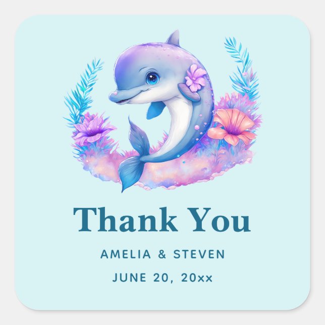 Cute Dolphin Sea Creature Wedding Thank You Square Sticker (Front)