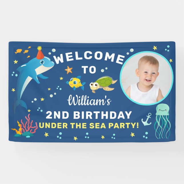 Cute Dolphin Under The Sea Birthday Photo Welcome Banner (Horizontal)