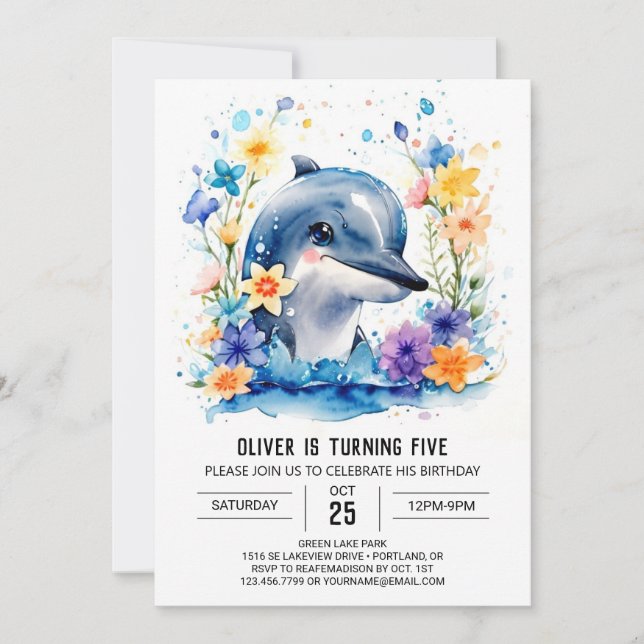 Cute Dolphin Watercolor Adventure Birthday Invitation (Front)