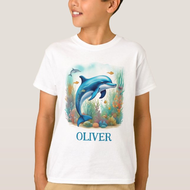 Cute Dolphin Watercolor Personalised T-Shirt (Front)