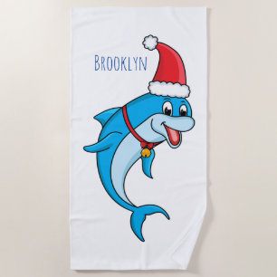 Cute dolphin with Santa hat cartoon Beach Towel