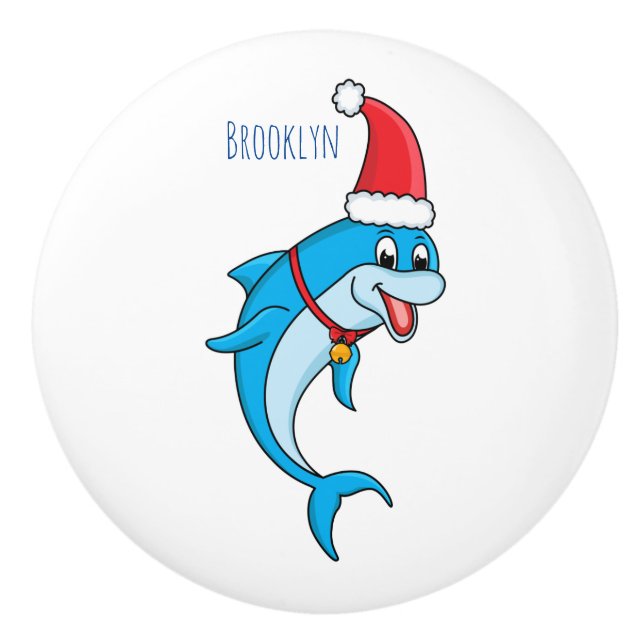 Cute dolphin with Santa hat cartoon Ceramic Knob (Front)