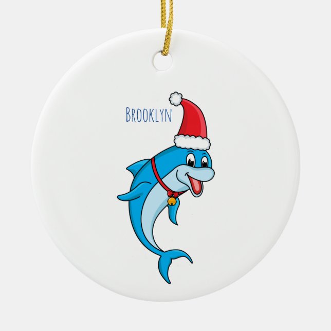 Cute dolphin with Santa hat cartoon Ceramic Tree Decoration (Front)